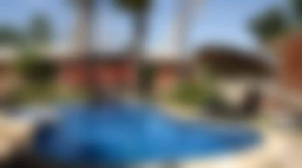 Bright blue pool and lounge area enclosed by palm trees